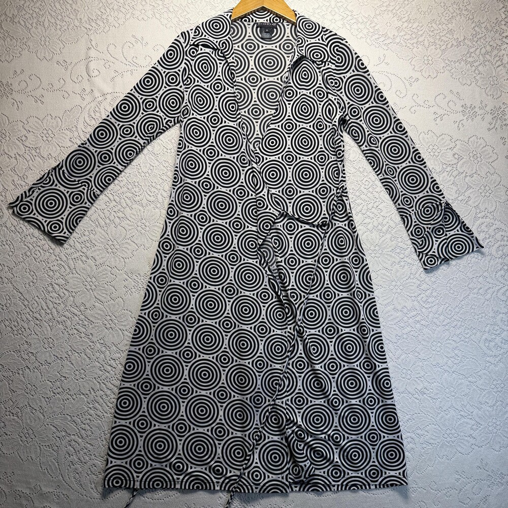 Bebe Wrap Dress Womens Small Black White Geometric Print Long Sleeve Knee Length